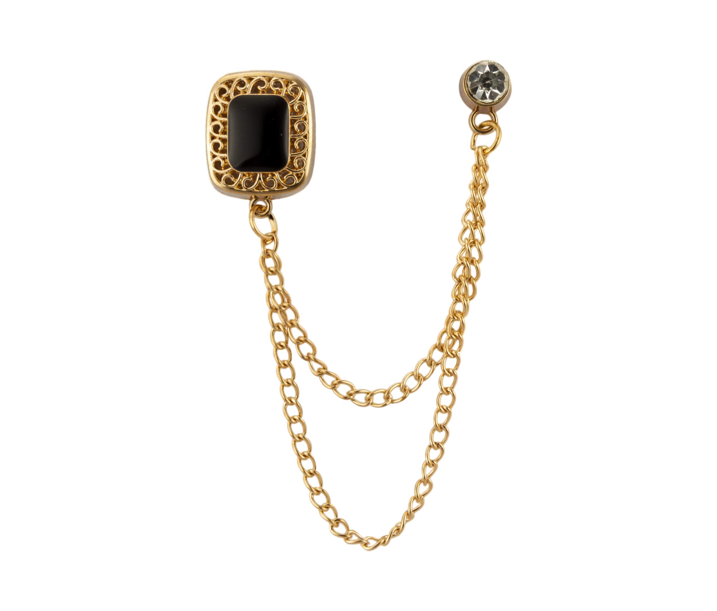 Brooch Lapel Pin for Men Square Black Stone with Gold Engraving Hanging Chain Stone Detaling Lapel Pin Badge Coat Suit Wedding Gift Party Shirt Collar Accessories