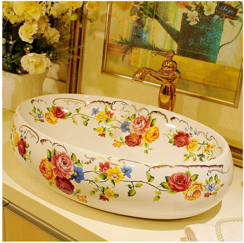 QWERTY Home Wash Basin Sink Art Above Counter Basin Ceramic Wash Basin Oval Ceramic Counter Wash Basin - Faucet Not Included for bathroom (Color : B, Size : 16X24X6inch)