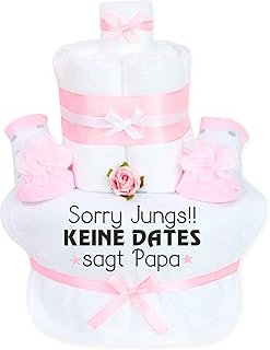Trend Mama Windeltorte Mädchen -Babysocken + Lätzchen handbedruckt mit coolem Spruch -Sorry Jungs!! Keine Dates sagt Papa-hochwertig verpackt im Geschenkkarton