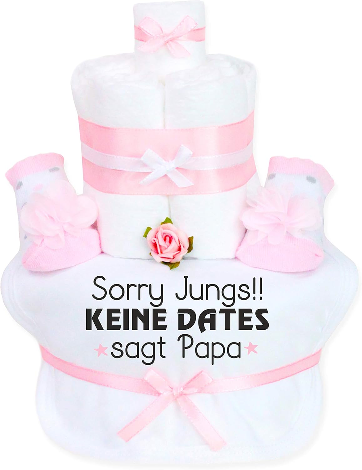 Trend Mama Windeltorte Mädchen -Babysocken + Lätzchen handbedruckt mit coolem Spruch -Sorry Jungs!! Keine Dates sagt Papa-hochwertig verpackt im Geschenkkarton