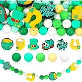 JarThenaAMCS 92 Pcs St. Patrick's Day Silicone Beads Green Irish Shamrock Clover Round Loose Rubber Beads for Holiday DIY Crafts Jewelry Keychain Making