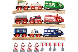 On Track USA Wooden Train Set for Toddlers Battery Operated Action Rescue Trains with 3 Magnetic Motorized Engines and 6 Cars, Compatible with Thomas, Brio, Melissa and Doug