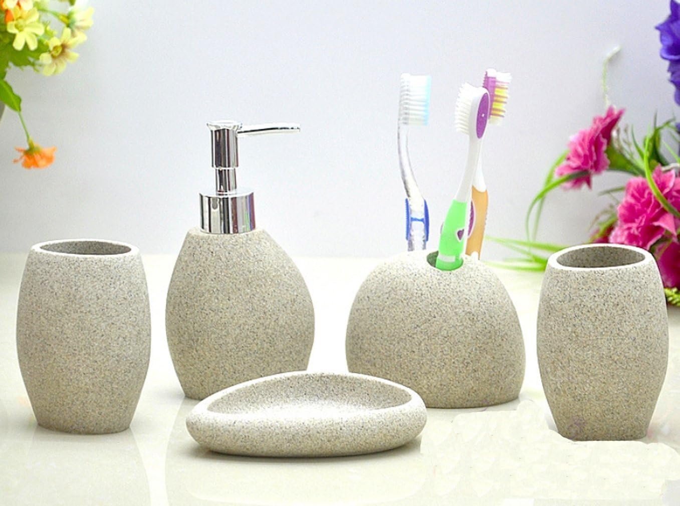 AMSS Stone Like Bathroom Accessory Set 5 Piece Collection with Soap Dish Dispenser Tumbler Toothbrush Holder