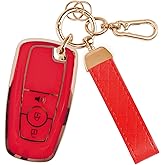 Rislobx 3 Botton Key Fob Cover Compatible with Ford, TPU Key Fob Case with Leather Lanyard for 2017-2024 Ford Explorer Edge Bronco Fusion Escape Expedition Mustang Maverick F-150 (Red)
