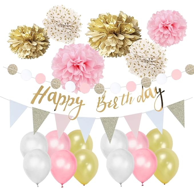 Easy Joy Gold Rosa Weiß Geburtstag Deko-Set Pastellfarbe Dekor Happy Birthday Girlande Pompoms Luftballons