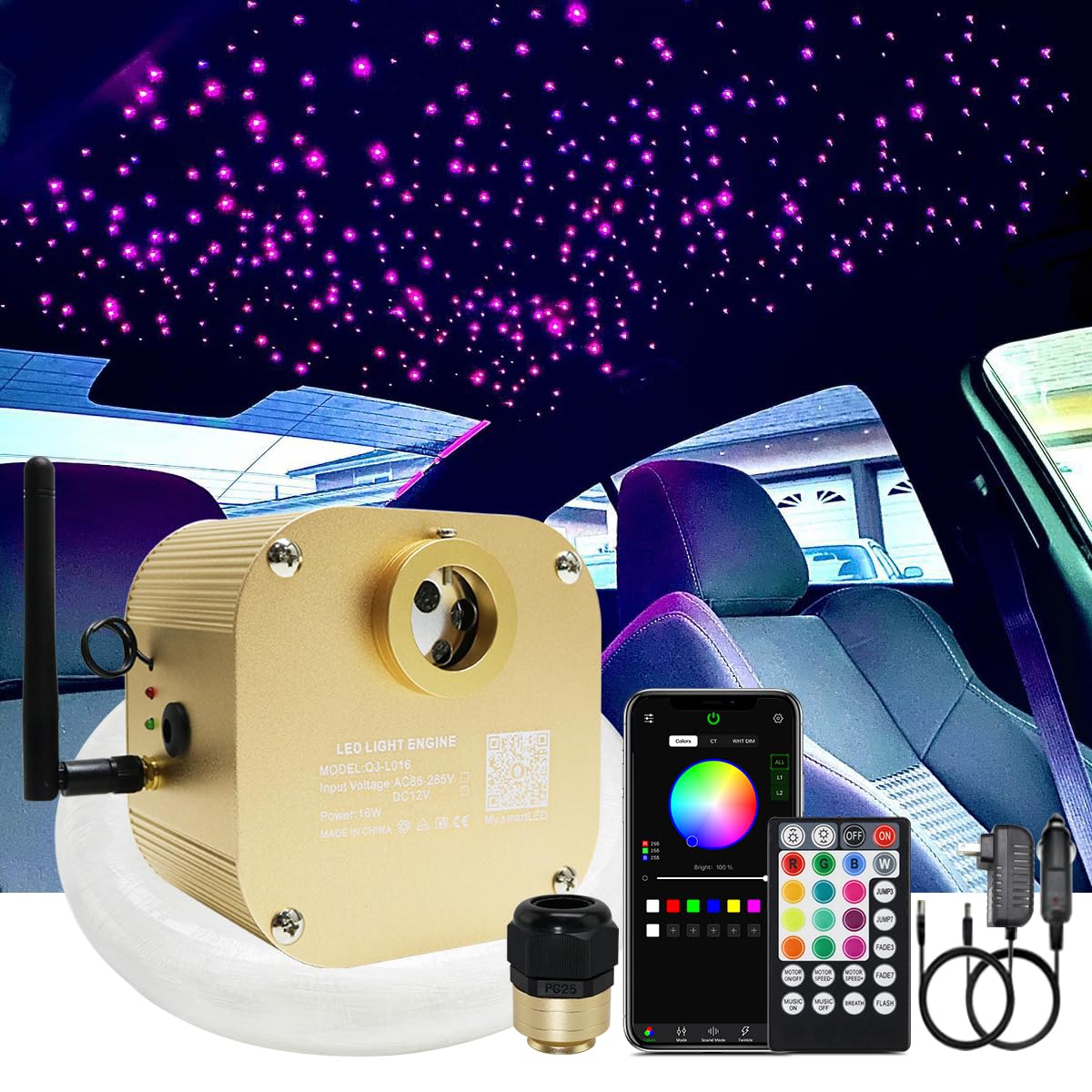 Photo 1 of AKEPO 16W RGBW Twinkle APP Control Fiber Optic Lights, Music Activated+430pcs*9.8ft/3m (0.03+0.04+0.06in) Mixed Optical Fibers+Remote for Starlight Headliner Car Truck/Home Star Ceiling Light Kit