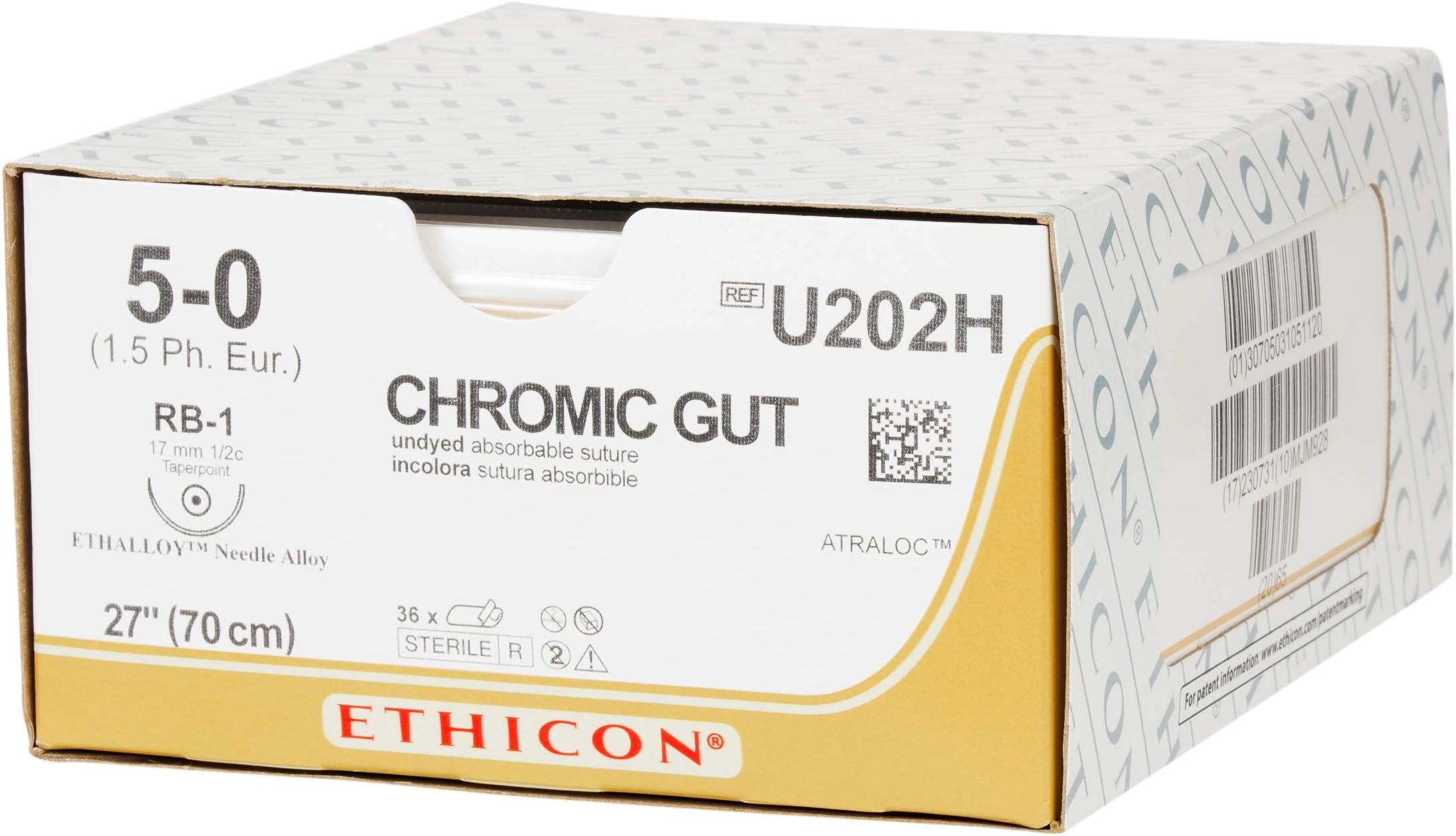 Ethicon Surgical Gut (Chromic) Suture, U202H, Natural Absorbable, RB-1 (17 mm), 1/2 Circle Needle, Size 5-0, 27" (70 cm)