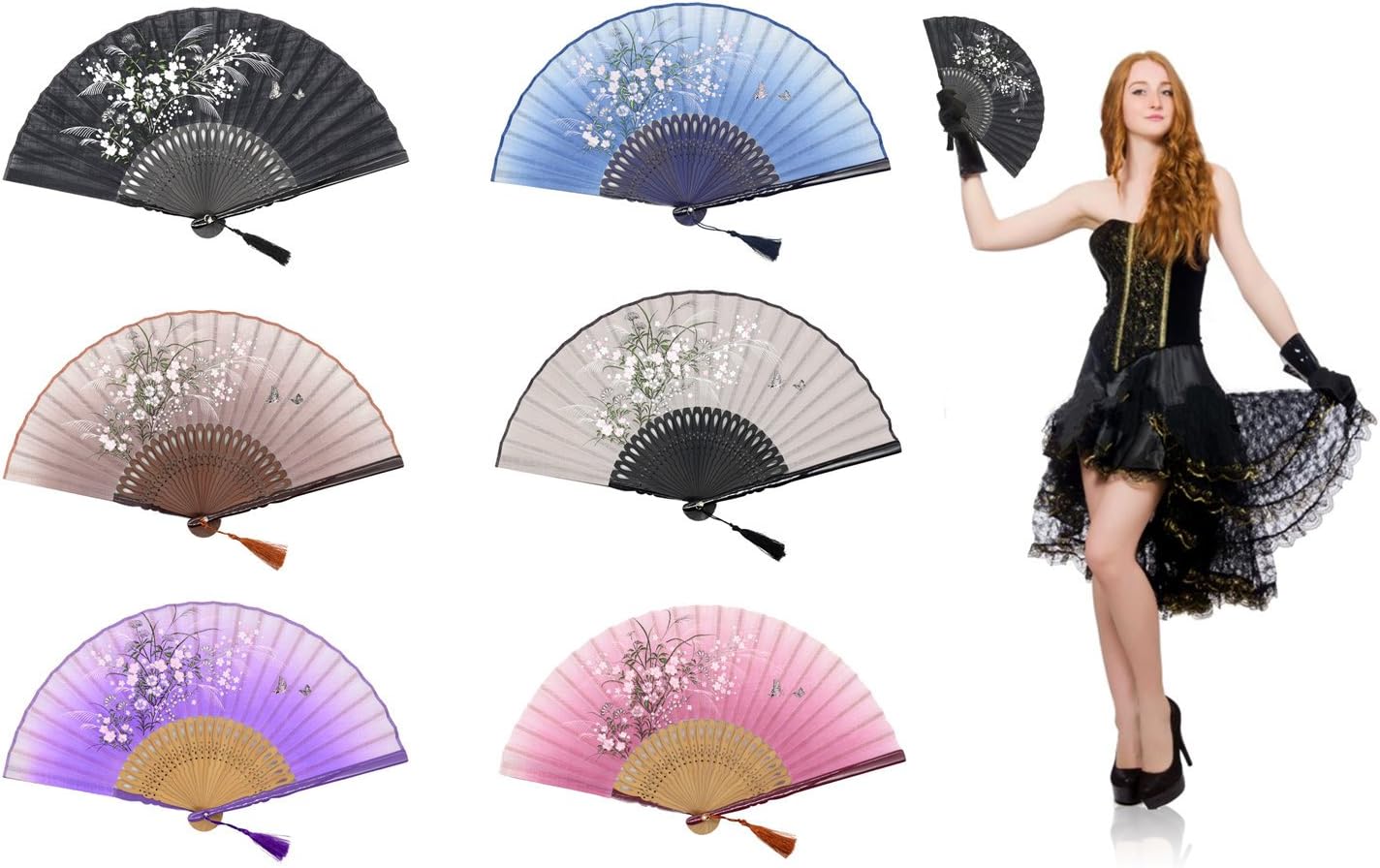 OMyTea Hand Fans for Women Grassflowers Folding Hand Held Chinese/Japanese Fan - with a Fabric Sleeve for Protection and Fit in Purse (Mixed Colors, 6pcs)
