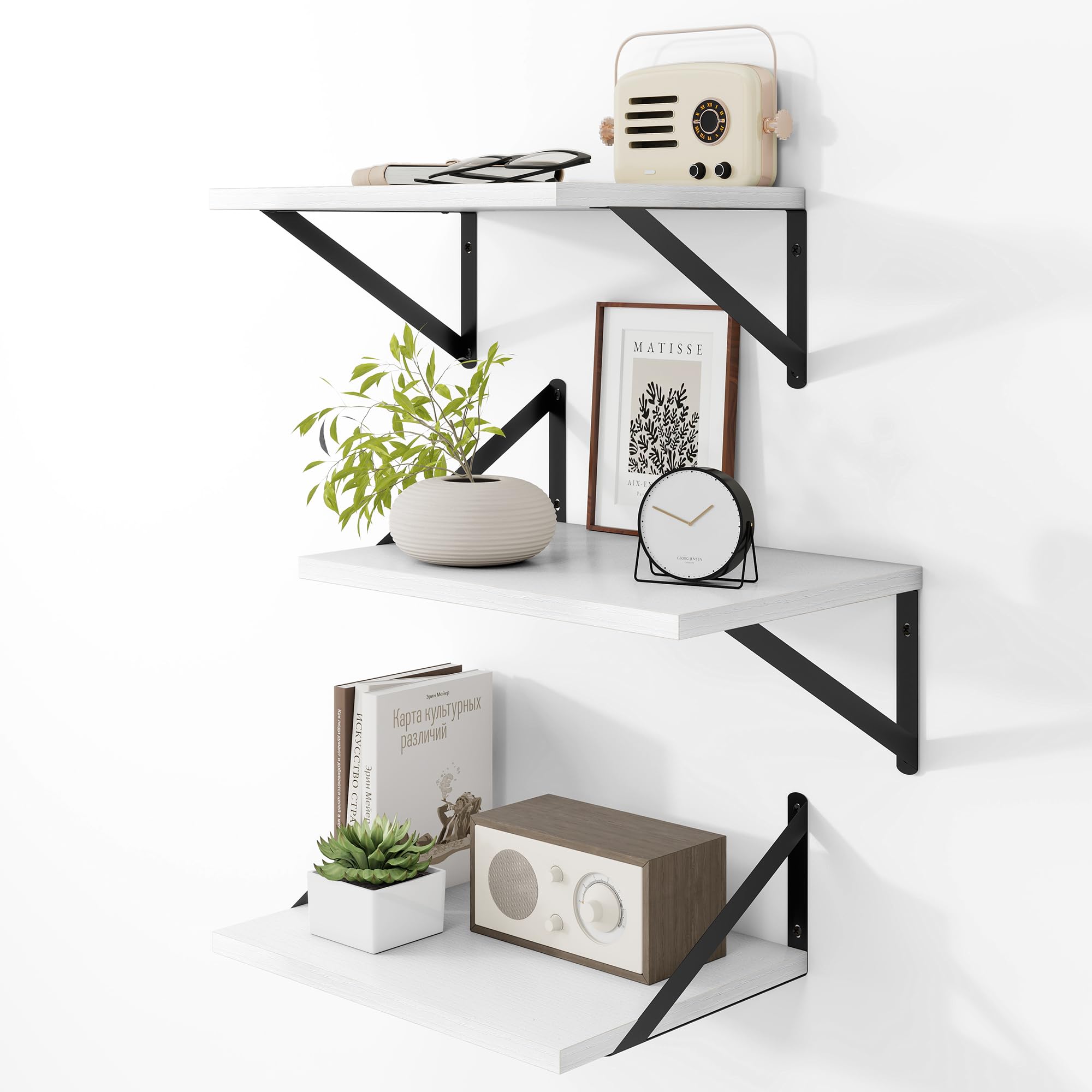 Heimlove Deep Floating Shelves for Wall, 12 Inch Deep Floating Shelves Set of 3, 16W x 12D Wood Wall Shelves, Wide Wood Shelves with Metal Bracket for Living Room, Kitchen, Office, Bedroom - White