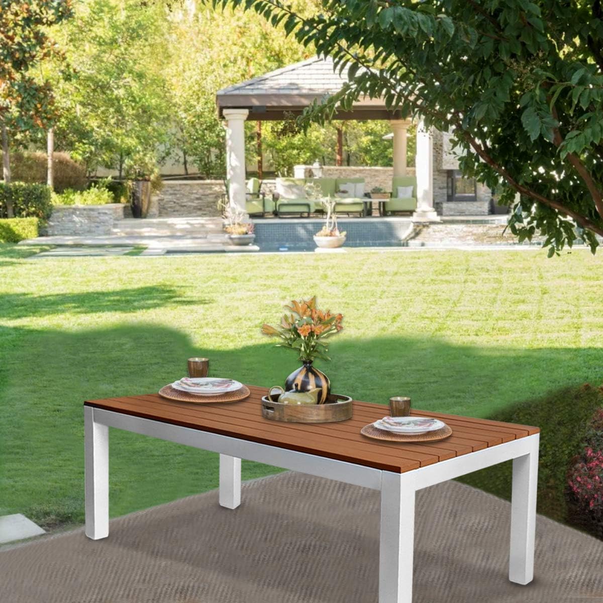 Outdoor Rustic Teak Wood Picnic Patio Dining Table with Metal Legs for Backyard Garden 47”X23.5”X17.5”: Kitchen & Dining