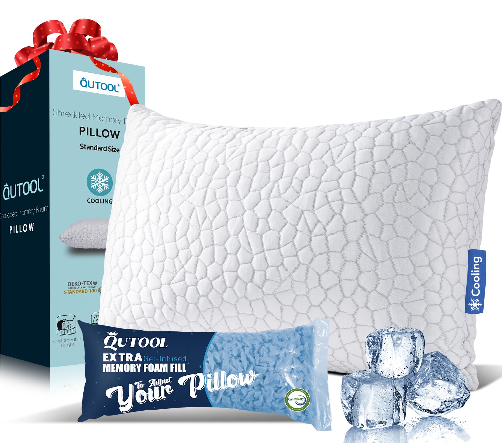 Photo 1 of QUTOOL Cooling Pillows for Sleeping Shredded Memory Foam Pillows Gel Bed Pillow for Hot Sleepers Adjustable Pillow for Side Stomach Back Sleepers Home and Dorm Essentials for Deco, Gift for Women Men