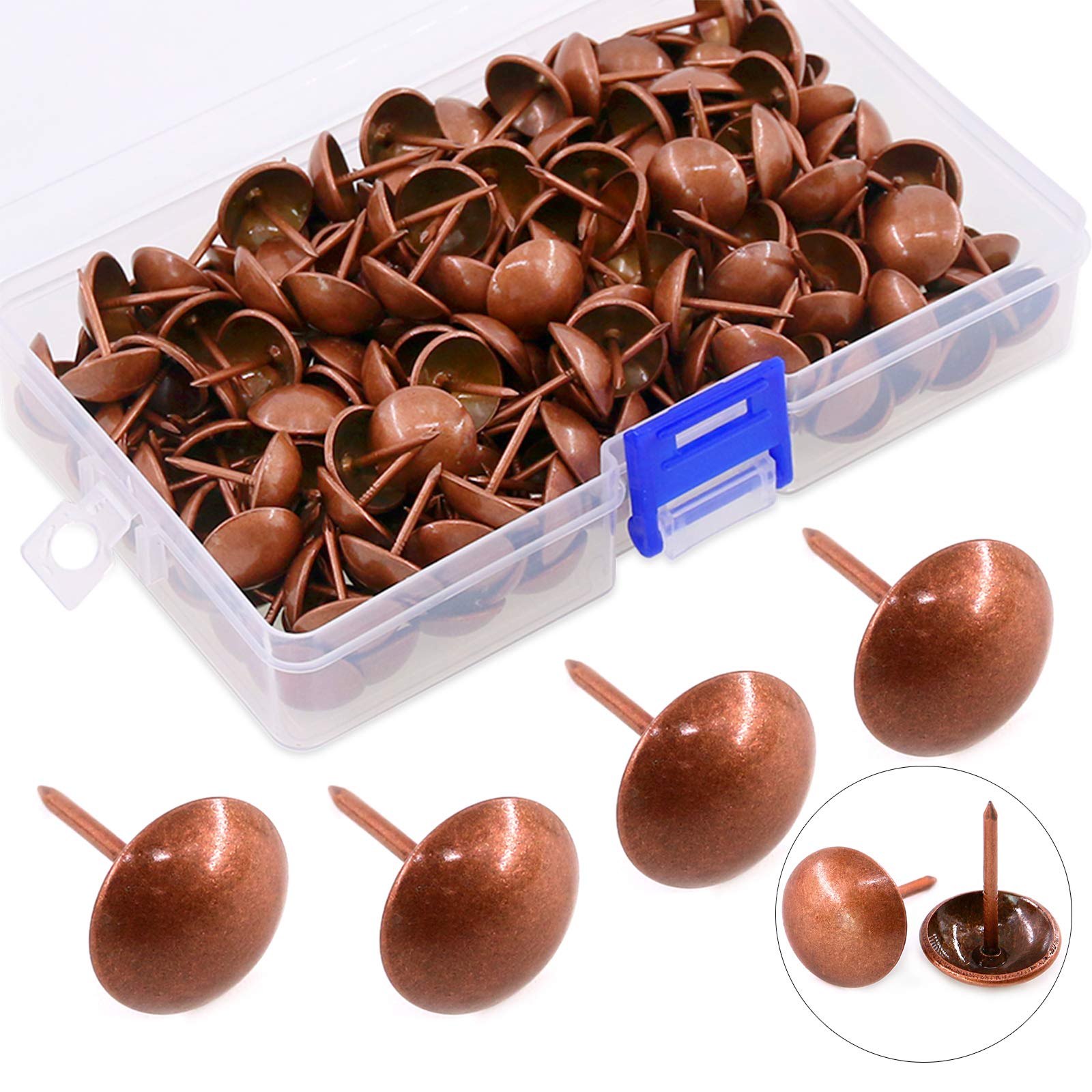 Hilitchi 200 Pieces 5/8'' (16mm) Round Dome Head Vintage Decorative Upholstery Nails Tacks Furniture Sofa Thumb Tacks Nails Pins with Clear Plastic Case (Red Copper)