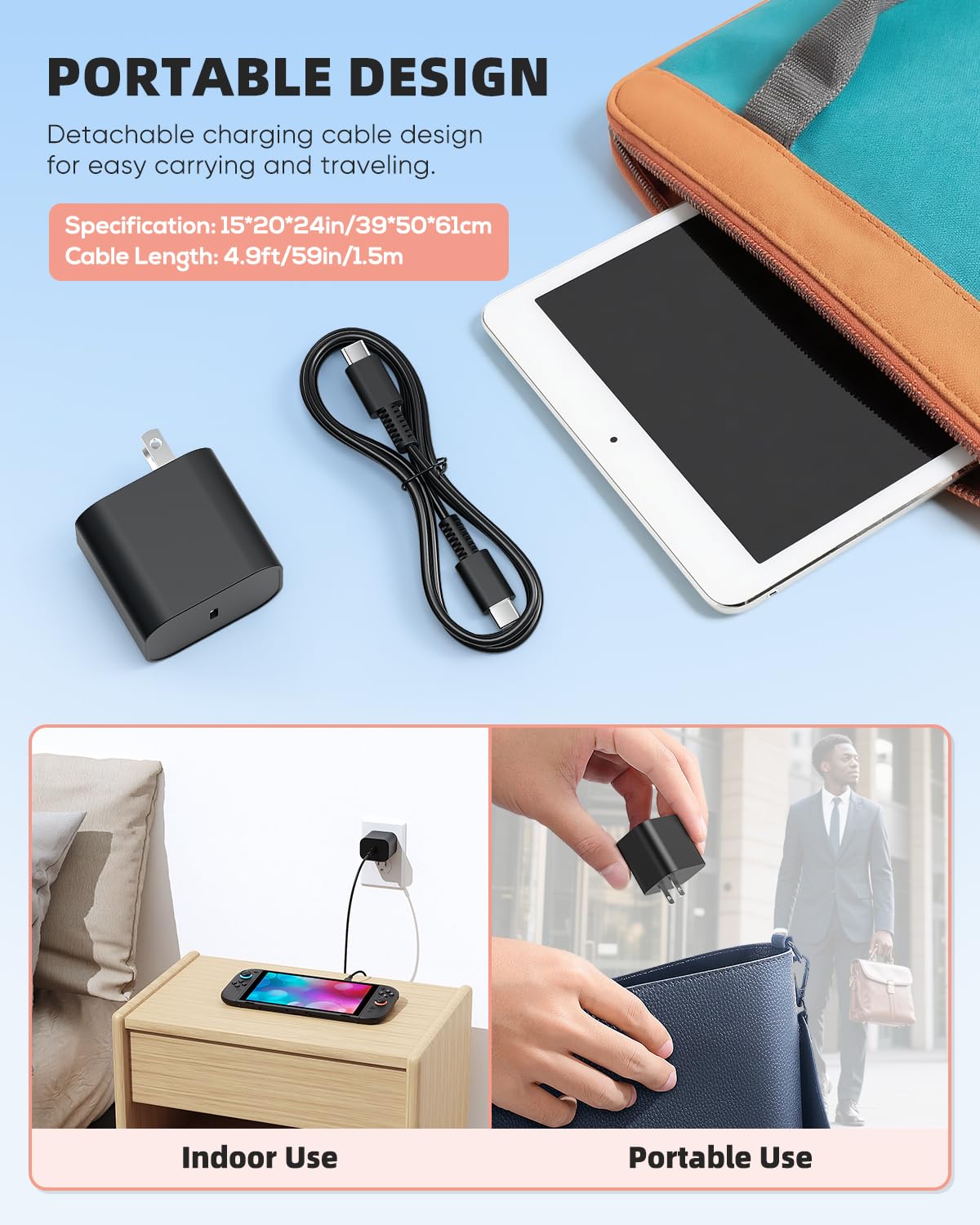 Switch 2 Charger - 60w AC Power Adapter for Nintendo 2/1 with 5FT/1.5M Official Length, Support 4K TV Dock, PD 3.0 Fast Charging Supply 20V/3A for Switch Chargers [Replacement for OEM Switch2 Charger]