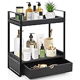 Ukonvi 2-Tier Bathroom Organizer Countertop with Drawer, Wood Counter Shelf for Storage, Vanity Tray for Organization and Decor, Countertop Organizer for Bathroom, Kitchen, Office (Black)