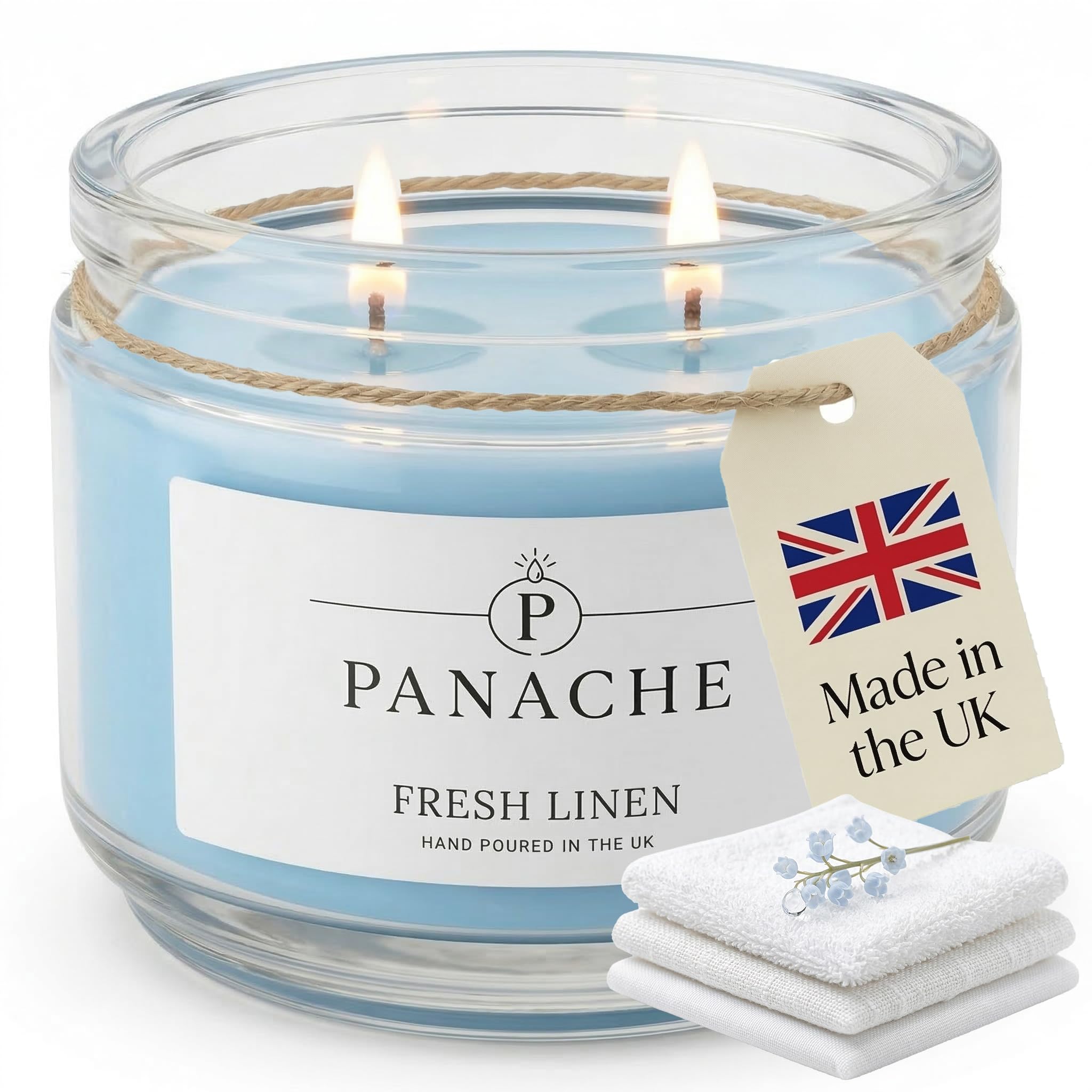 Panache Fresh Linen Scented Candle – Double Wick Soy Wax Candle, 48 Hour Burn Time, Hand Poured in UK, Clean Burning Cotton Wicks, Luxury Glass Jar Candle for Home Fragrance & Gifts (320g)