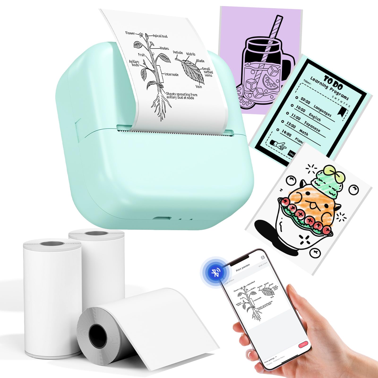 LabelCenter Mini Sticker Printer for Smartphone – Bluetooth M02L Thermal Printer 203DPI, Includes 3 Paper Rolls for Study, Notes, Photos, Gifts, Anatomy Diagrams, Green