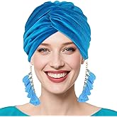 Bohend Knotted Turban Cap Women Tassel Pre-Tied Velvet Beanie Headwrap Stretchy Head Covering Wide