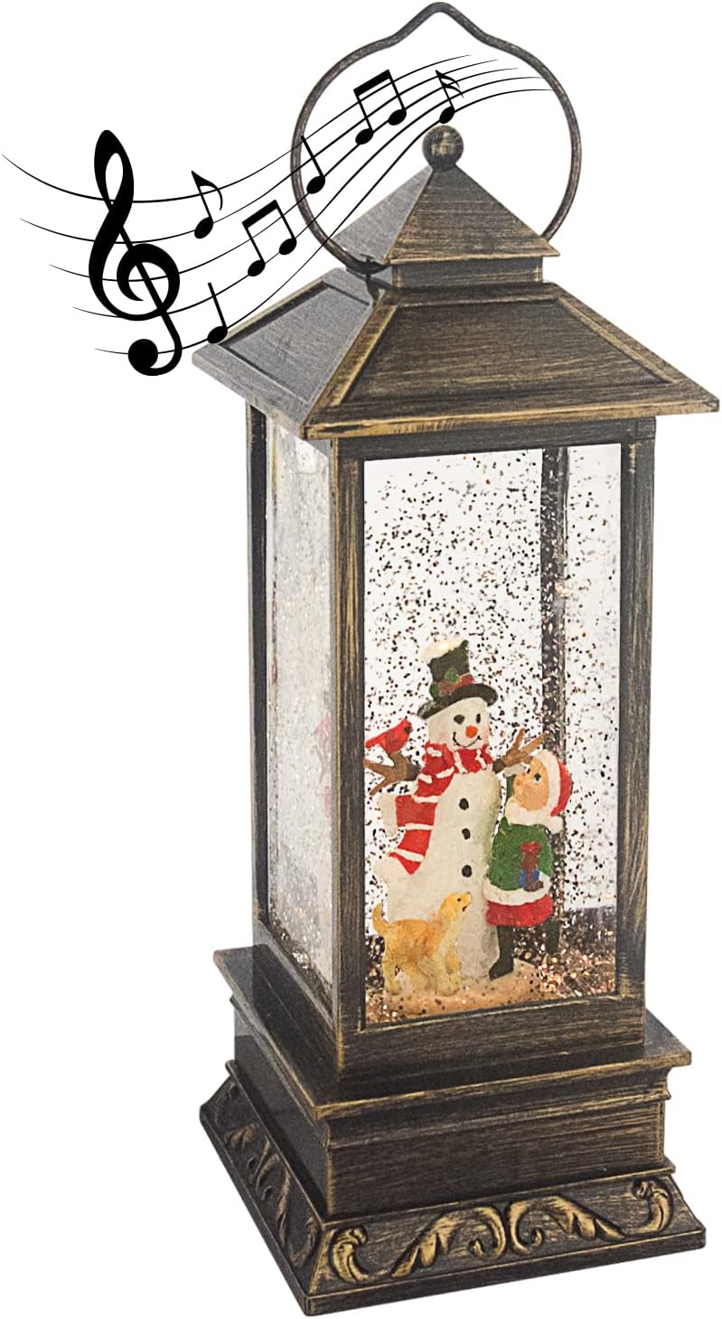 Snow Globes - Evelyne Square Christmas Snow Globes Musical - Battery Operated LED Lighted Swirling Glitter Water Lantern - Christmas Decorations for The Home (Snowman with Child and Dog)