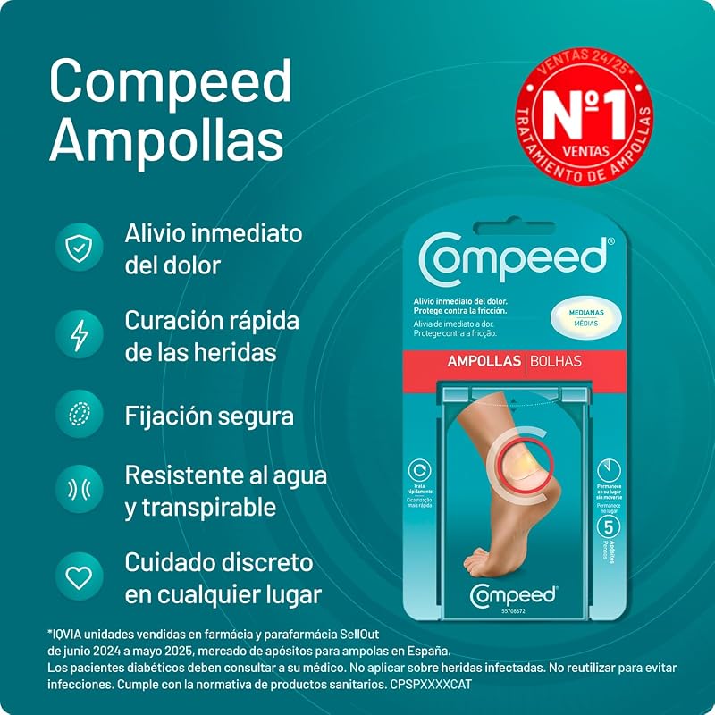 Ampolas médias, curativos hidrocoloides para os pés, Pack 5 unidades
