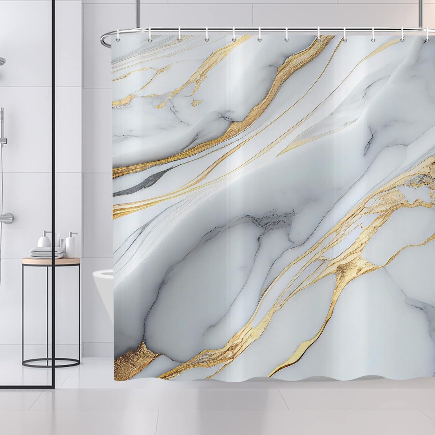 ASDCXZ Shower Curtain Marble 180x180 cm, Modern Abstract Grey Cyan Gold White Marble Optic Texture Washable Fabric Shower Curtains Polyester Waterproof Shower Curtain for Bathtub with 12 Hooks