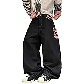 QGRSWBC Men's Baggy Jeans Blossom Embroidery Pattern Wide Leg Y2K Jeans Mid Rise Denim Pants Streetwear