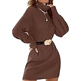 SunnyMelody Womens Turtleneck Sweater Dress Fall Winter 2025 Trendy Long Lantern Sleeve Casual Knit Pullover Mini Dresses