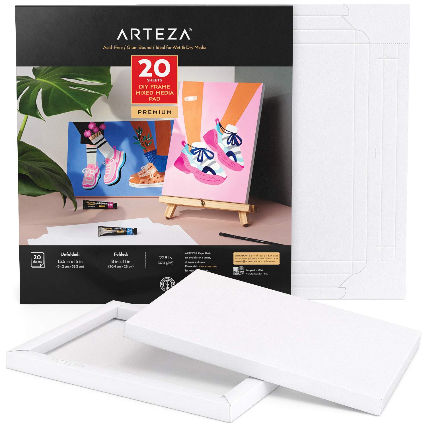 ARTEZA Mixed Media Paper Foldable Canvas Pad, 8x11 Inches, 20 Sheets, DIY Frame, Heavyweight Multimedia Paper, 228 lb, 370 GSM, Acid-Free, Art Supplies for Painting & Mixed Media Art