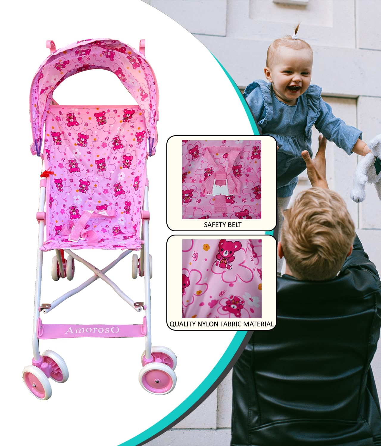 AmorosO Single Umbrella Stroller | Lightweight, Travel-Ready Stroller with EVA Wheels & Sun Protection | Baby Pink