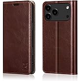 Belemay Leather Wallet Case Compatible with iPhone 17 Pro, Premium Cowhide Leather Two-Tone Effect, RFID Blocking Card Holders, Shockproof TPU Shell, Kickstand, Protective Flip Cover, 6.3", Brown