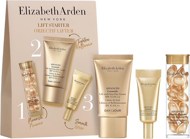- Kit de 3 peças Lift Starter, cápsulas Advanced Ceramide Sérum, Creme de Dia Lift and Firm SPF 15 e Creme para os Olhos, Kit de Cuidados de Pele Anti-Idade Adaptado à Viagem