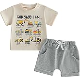 Baby Boy Clothes God Says I am Letter T-shirt Tops Solid Shorts 2PCS Set Toddler Little Boy Summer Tractor Outfits