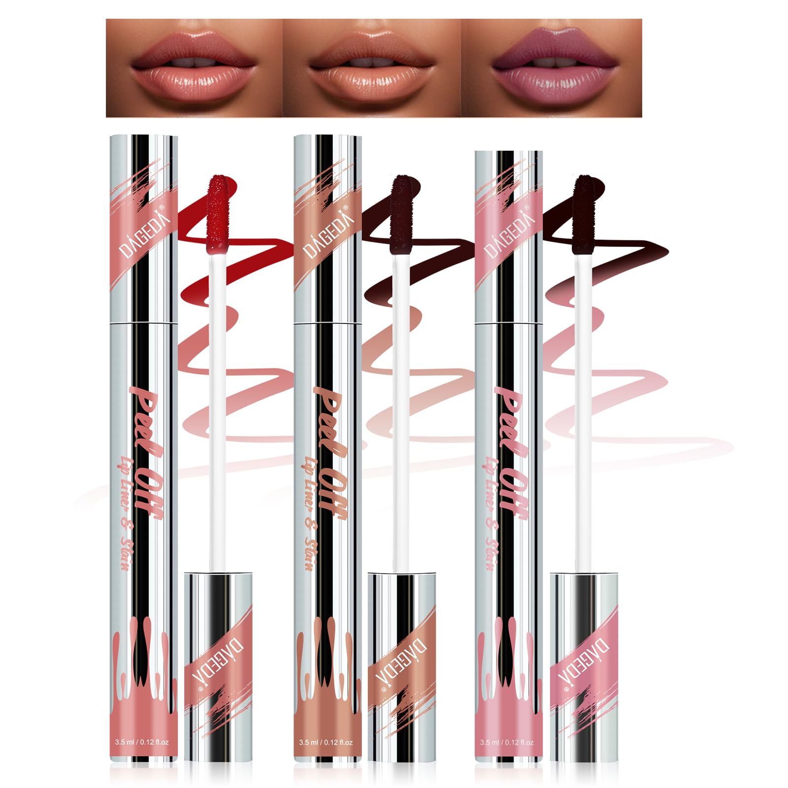 Prreal 3PCS Peel Off Lip Liner Stain, Lip Stain Peel Off Tattoo Lip Liner with Tweezer, Waterproof, Long Lasting Lip Gross, Highly Pigmented Matte Finish Lip Tint Stain Lipstick(01+02+04)