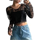 SweatyRocks Women's Long Bell Sleeve Lace Crop Top Y2K Sheer Mesh Crew Neck Going Out Shirt Tops