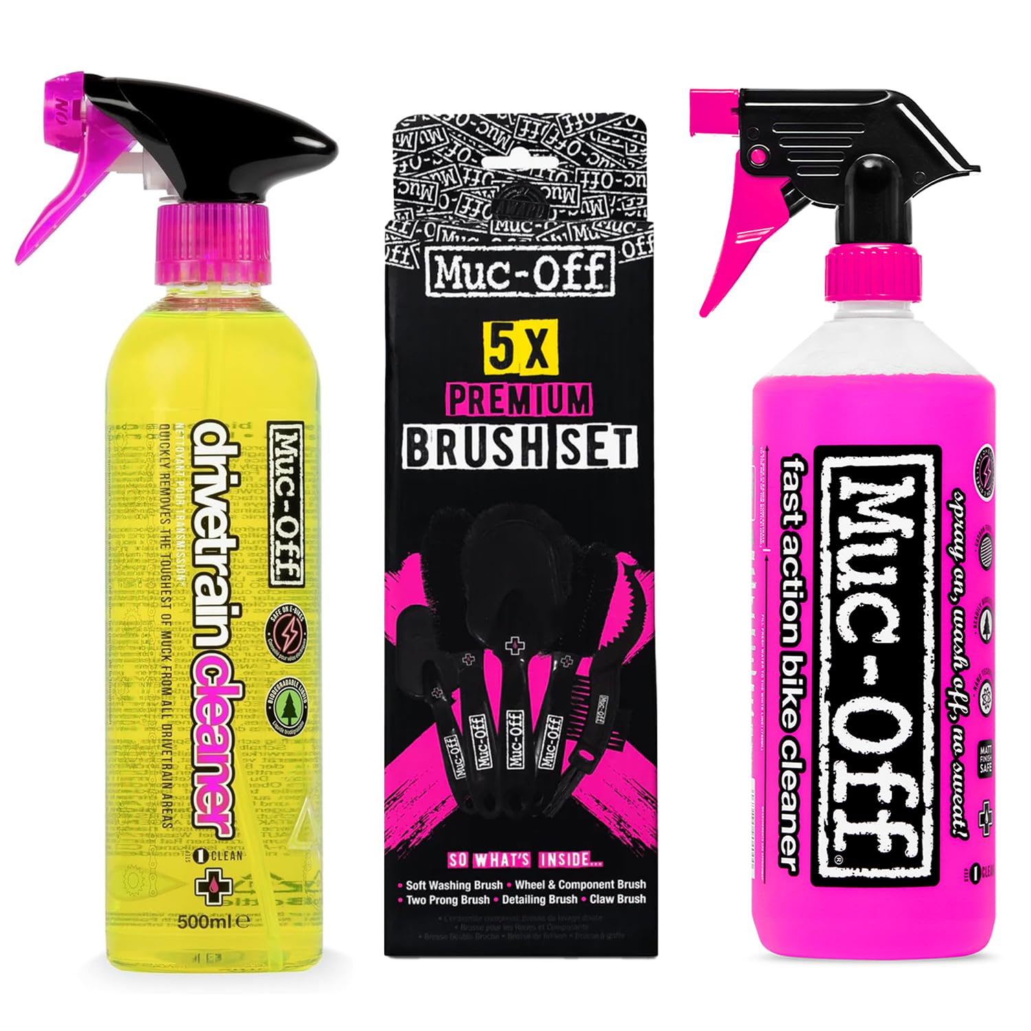 Muc-Off Bike Drivetrain Cleaner + Nano Tech Motorcycle Cleaner Spray 1L + 5x Premium Brush Set | Complete Motorcycle Cleaning Kit | | Eco-Friendly Formula | Gives a Clean Finish Easily Image