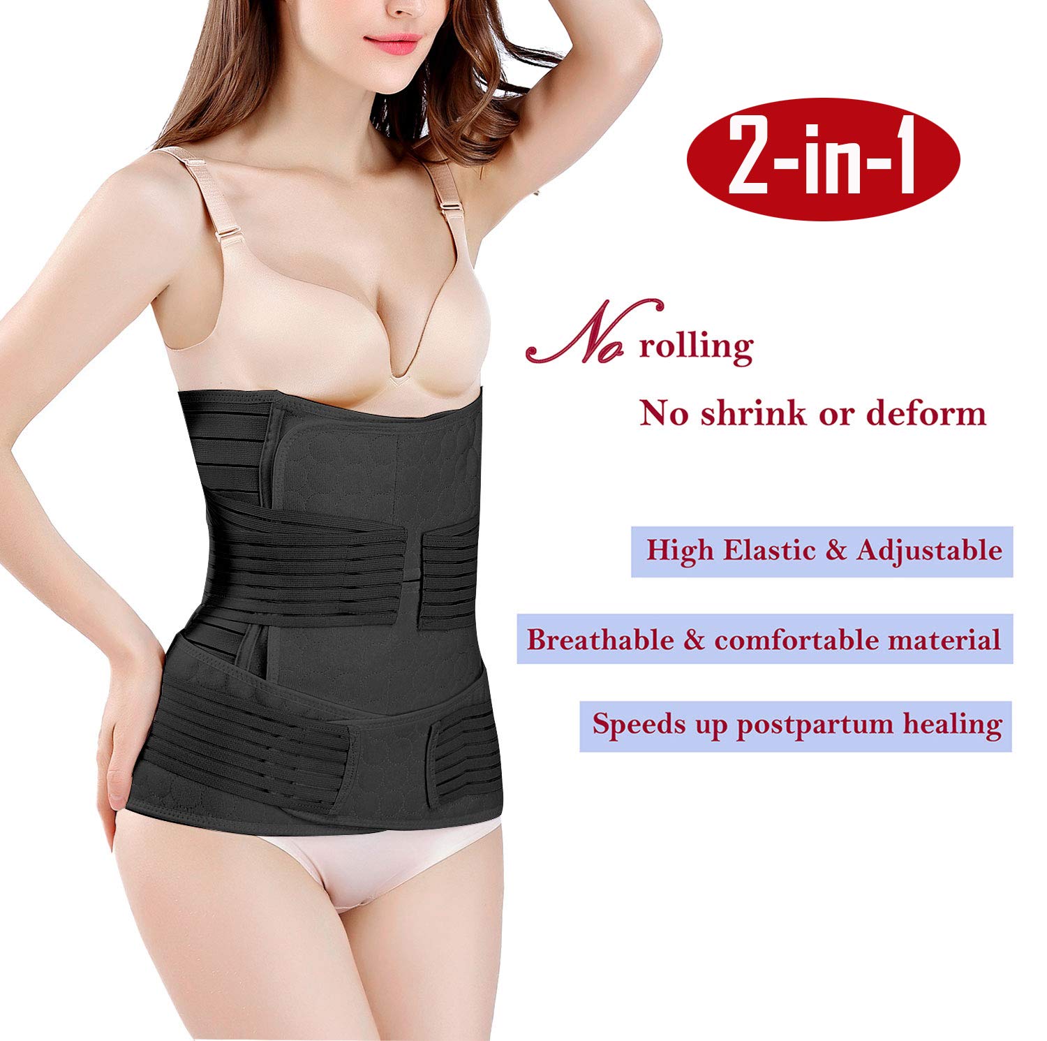 ChongErfei Postpartum Support Recovery Belly Wrap Waist/Pelvis Belt Body Shaper Postnatal Shapewear (Zblack, One Size (Pack of 1))