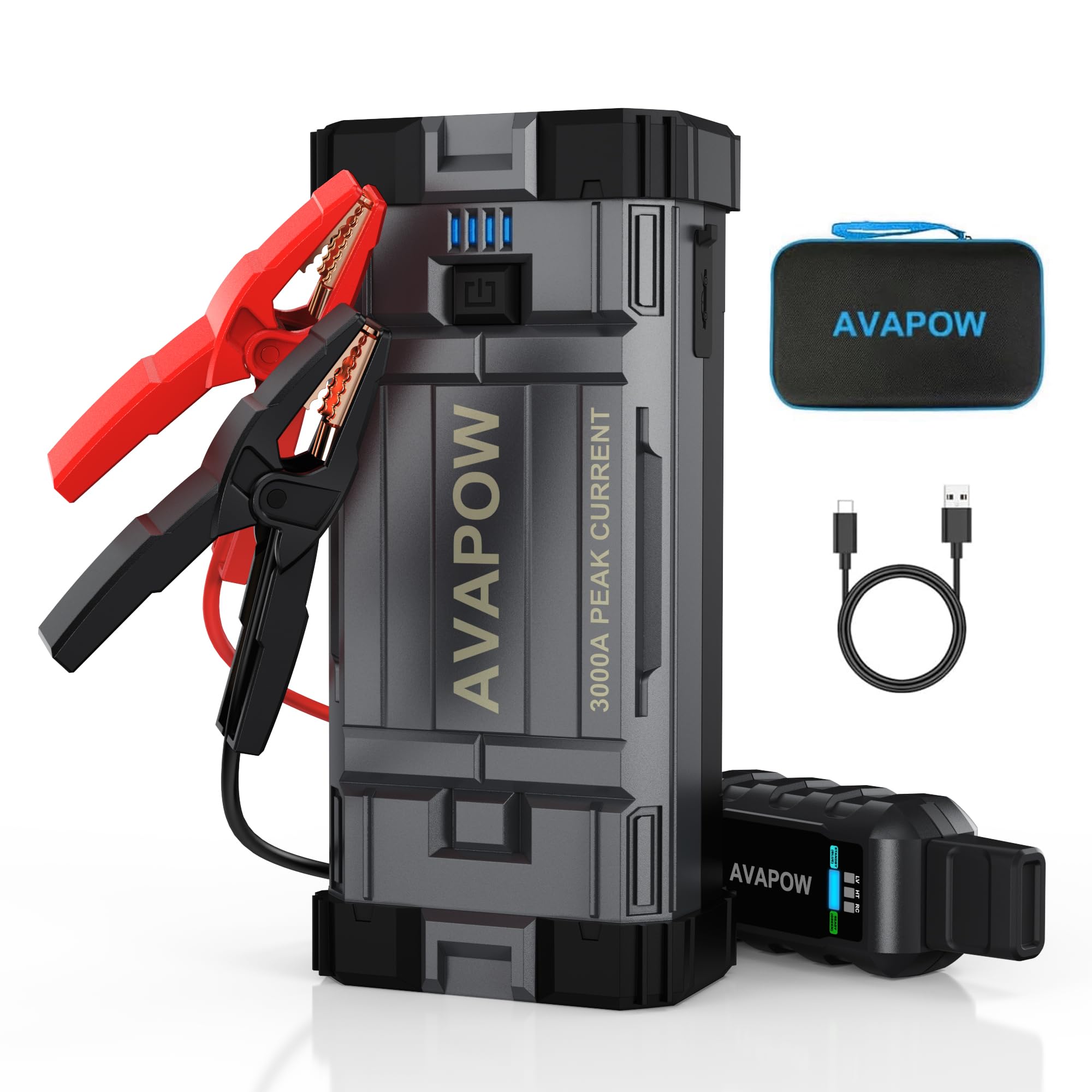 AVAPOW Car Battery Jump Starter 3000A Peak, Jumpstart with Force Start Function, Portable Starters for Up to 8L Gas 8L Diesel Engine with Booster Function,12V Lithium Jump Charger Pack Box