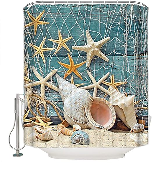 Shower Curtain Beach Ocean Sea Shell Starfish Fishing Nets Theme Bathroom Decor