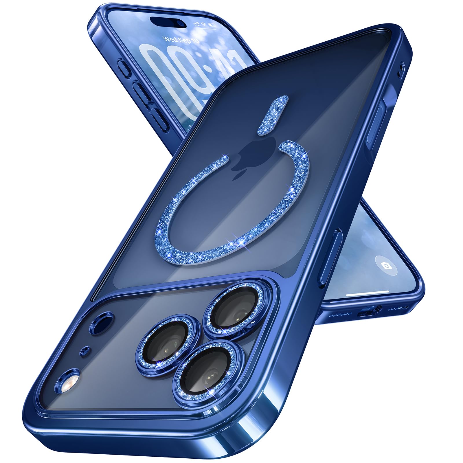Magnetic for iPhone 17 Pro Case with Glitter Integrated Lens Protection, [Glossy Bumper & Shiny Magnetic Ring] [Compatible with Magsafe] Cute Women Girly Protective Phone Case for iPhone 17 Pro Blue