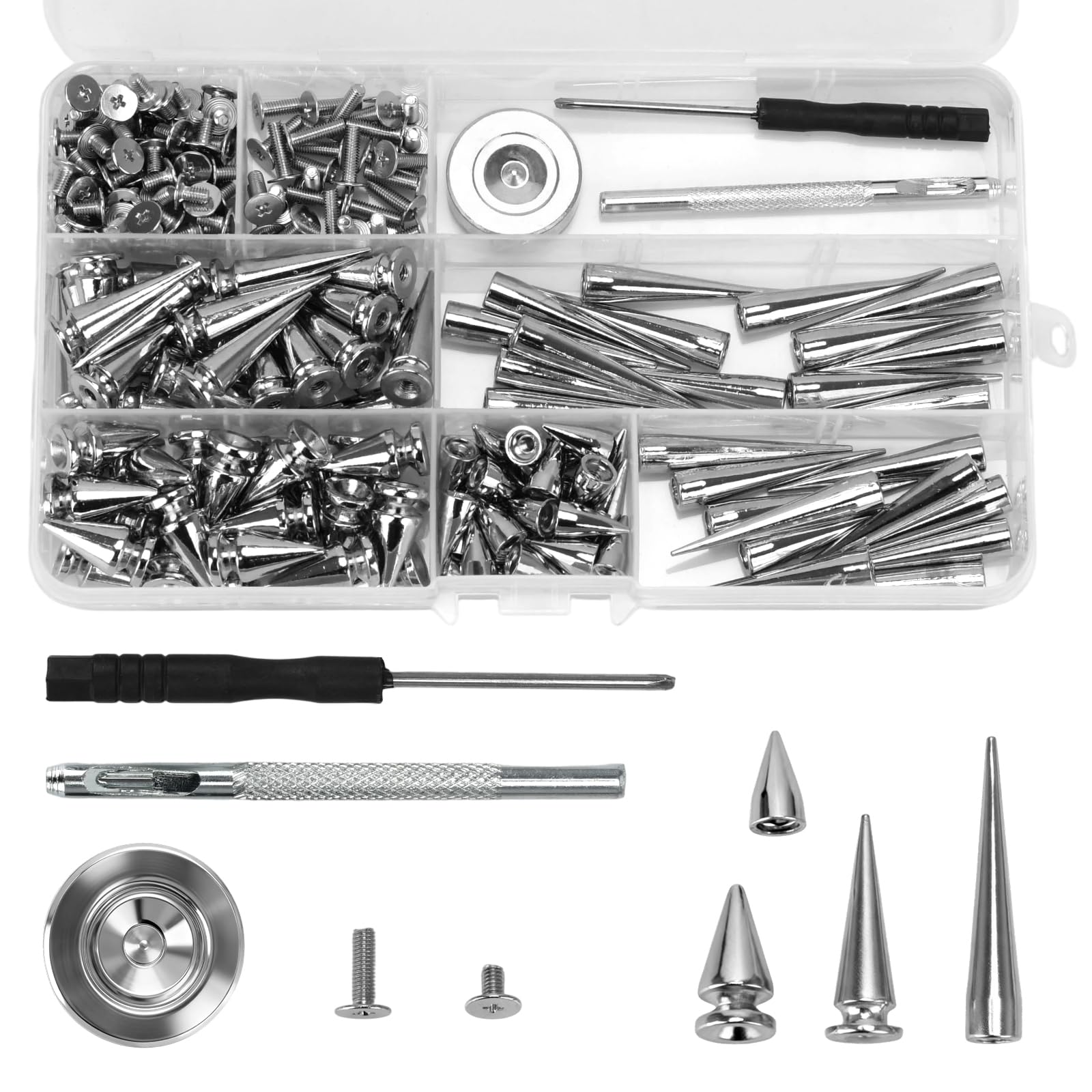Photo 1 of 100 Sets Mixed Shape Zinc Alloy Spikes and Studs, Assorted Sizes Silvery Screw Spikes Rivet for Leather Craft ClothingShoes Belts Bags Dog Collar