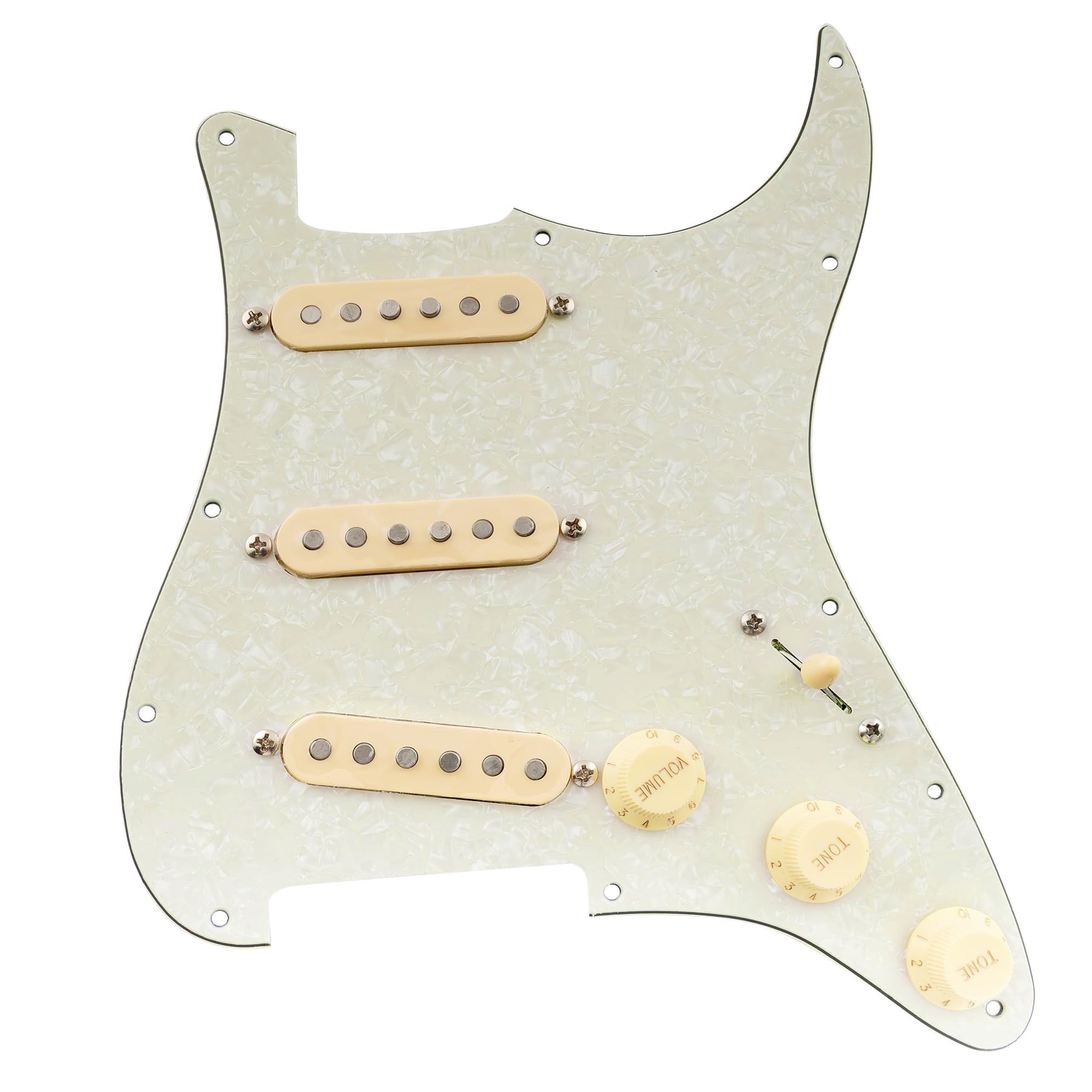 Musiclily Pro Pre-wired Standard SSS Pickguard with Artec Pickups Staggered Alnico 5 Magnet Single Coil Pickups for ST Style Electric Guitar, 4ply Aged White Pearl