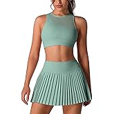 OMEWEE Two Piece Tennis Skirt Sets Outfits Single Shoulder Strap Tulle mesh top with High Waisted Pleated Skirt Sets
