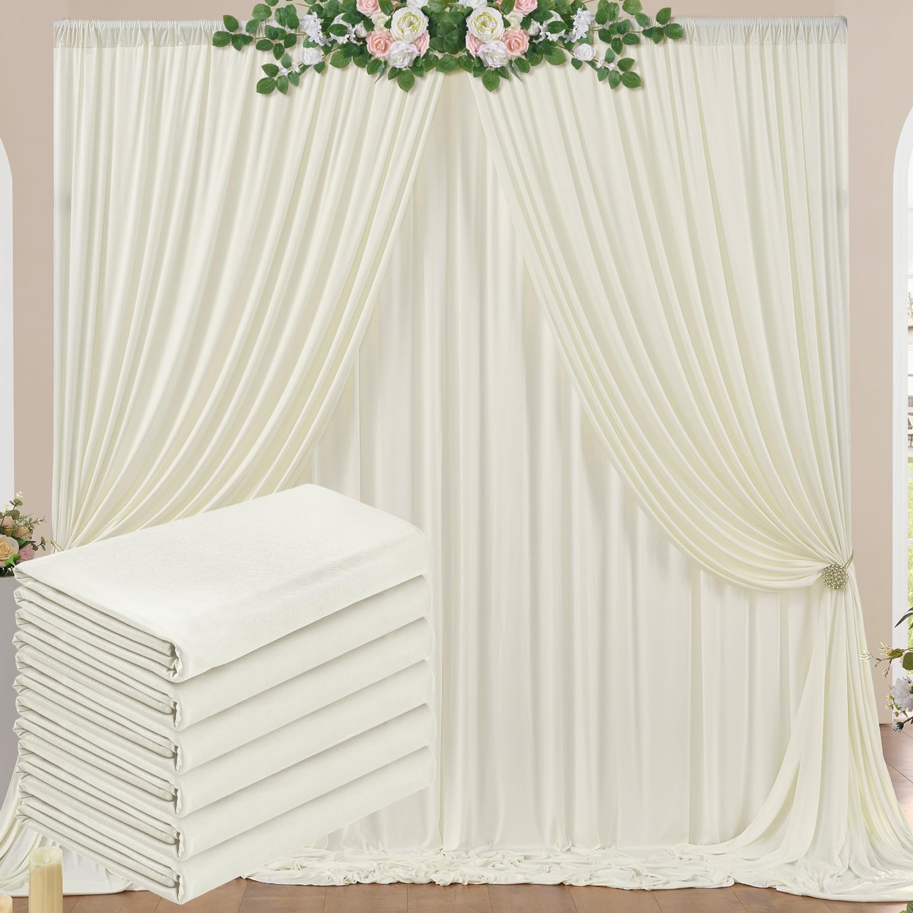 Photo 1 of 30 ft x 10 ft Wrinkle Free Ivory Backdrop Curtain for Wedding Parties, Polyester Ivory Photo Backdrop Drapes 6 Panels 5x10ft for Baby Shower Photoshoot Engagement Birthday Party Photography Background