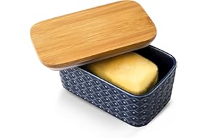 Hasense Ceramic Butter Dish with Lid, Large Butter Container for Countertop Airtight Butter Stick Covered Keeper,Navy Blue Embossed Pattern,Easy Clean Dishwasher Safe