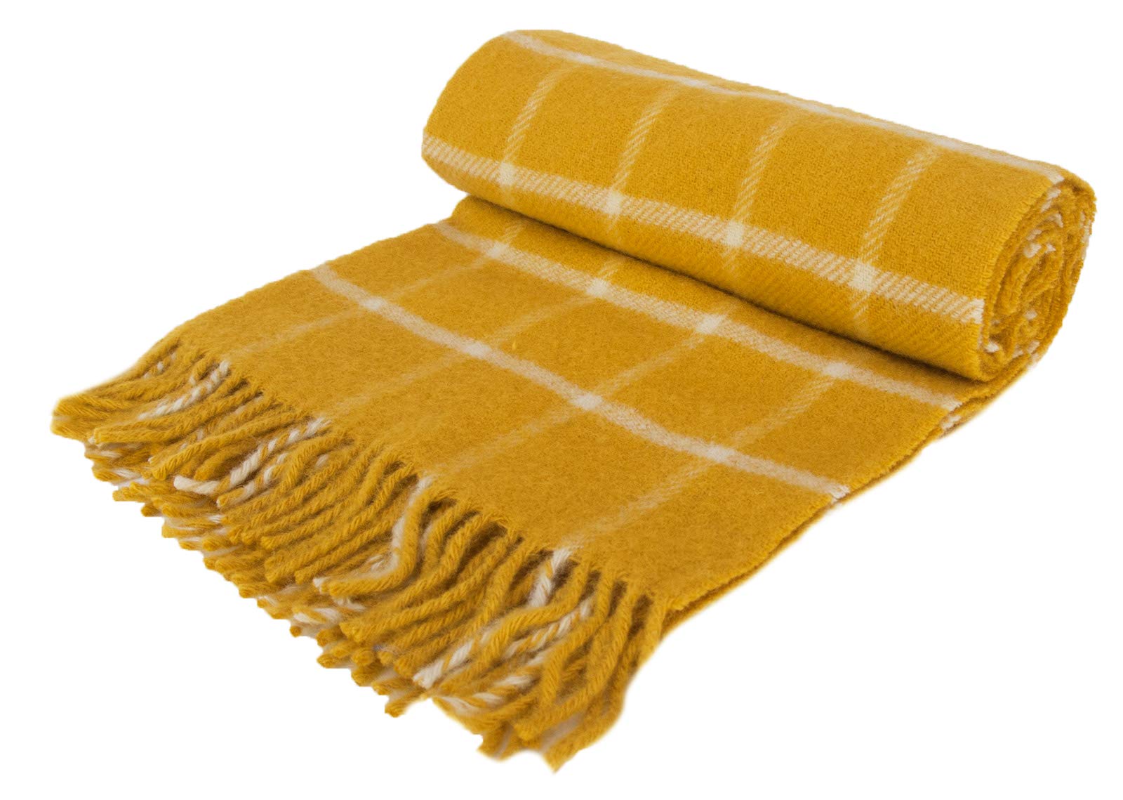 Windowpane Check - Pure New Wool - Knee Rug Throw Small Blanket - Mustard Yellow - British Made by Tweedmill Textiles