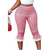Milumia Women's Plaid Print Capri Leggings High Waisted Lace Trim Skinny Cropped Pants