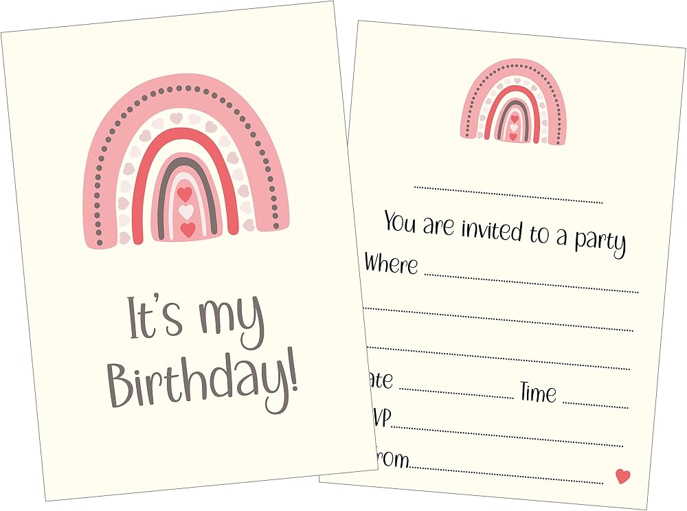PartiKraft Pink Rainbow Heart Invitations A6 Card (12 Pack) with Bright Pink