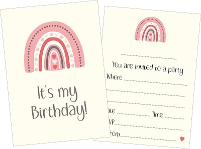 PartiKraft Pink Rainbow Heart Invitations A6 Card (12 Pack) with Bright Pink