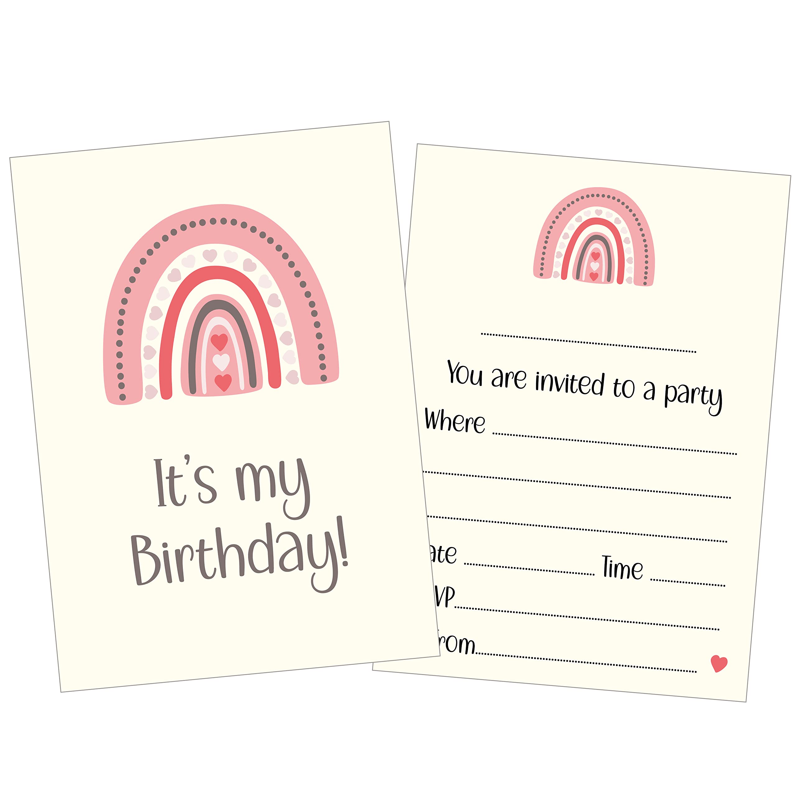 PartiKraft 20 x Pink Rainbow Birthday Party Invitations with Bright Pink Envelopes