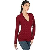 AmélieBoutik Women Collar Deep V Neck Knit Plaid Front Houndstooth Long Sleeve Sweater Top