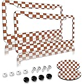 Brown Checkered License Plate Frames 2 Pack 2 Holes Aluminum License Plate Cover with 2 Pcs Car Coasters and Screw and Black Screw Caps for Girl Women Men Gifts